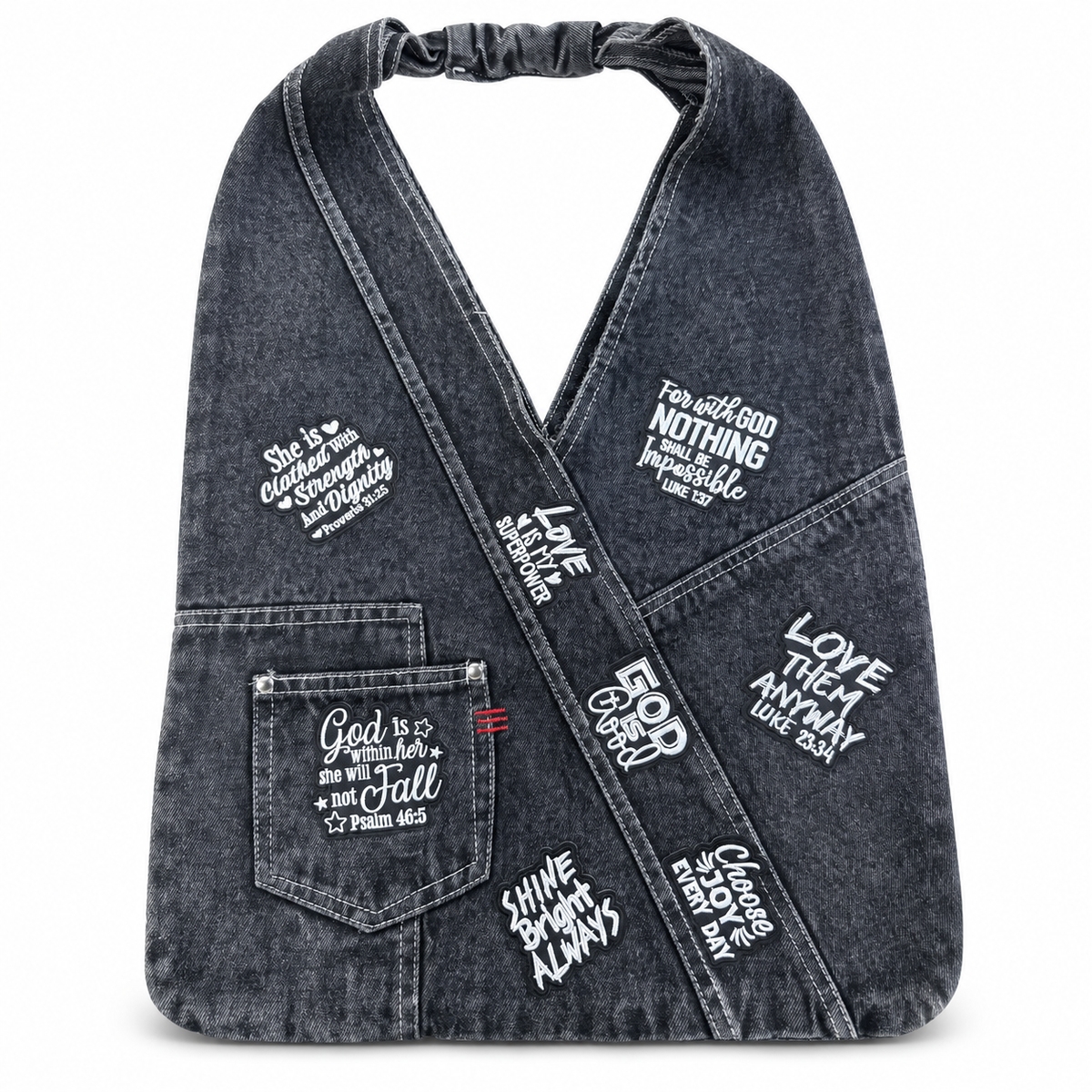 Affirmation Patch Denim Sling Bag on a clean white studio background