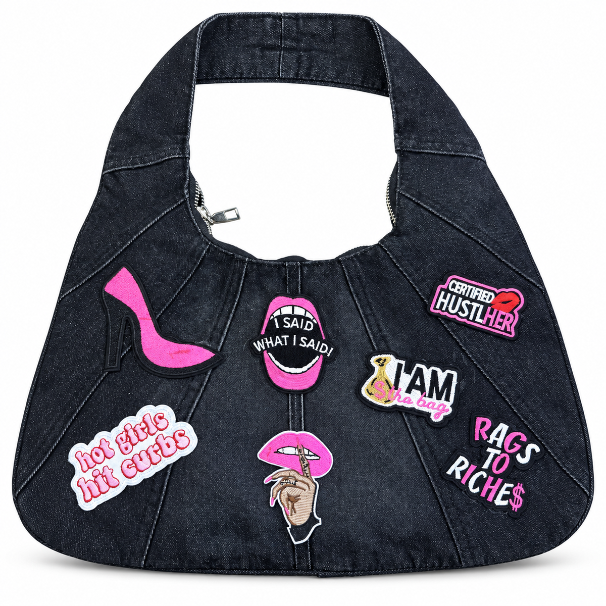 Best Life Patch Denim Handbag on a clean white studio background