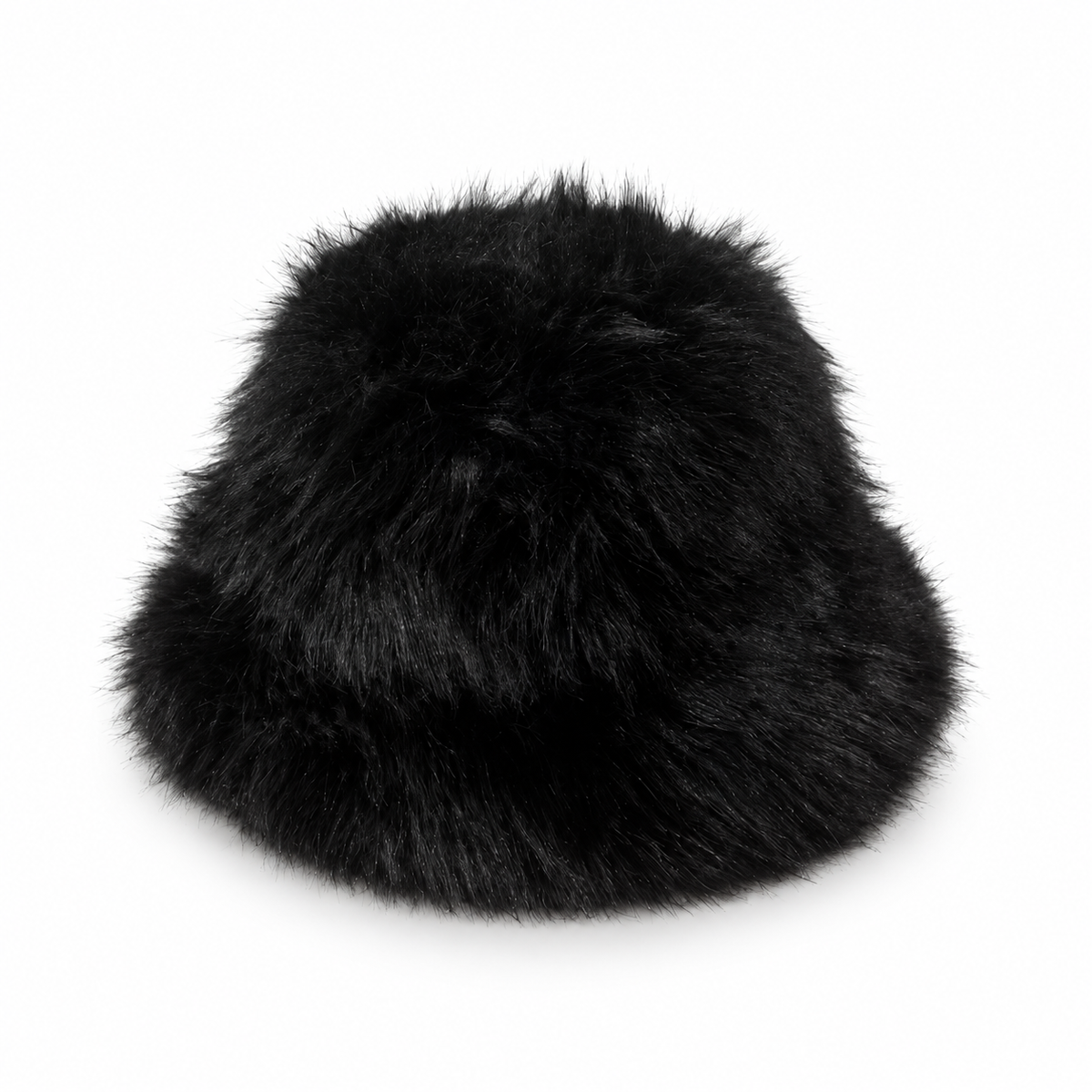 Jet-black faux-fur bucket hat with a plush rounded silhouette on a pure white background.