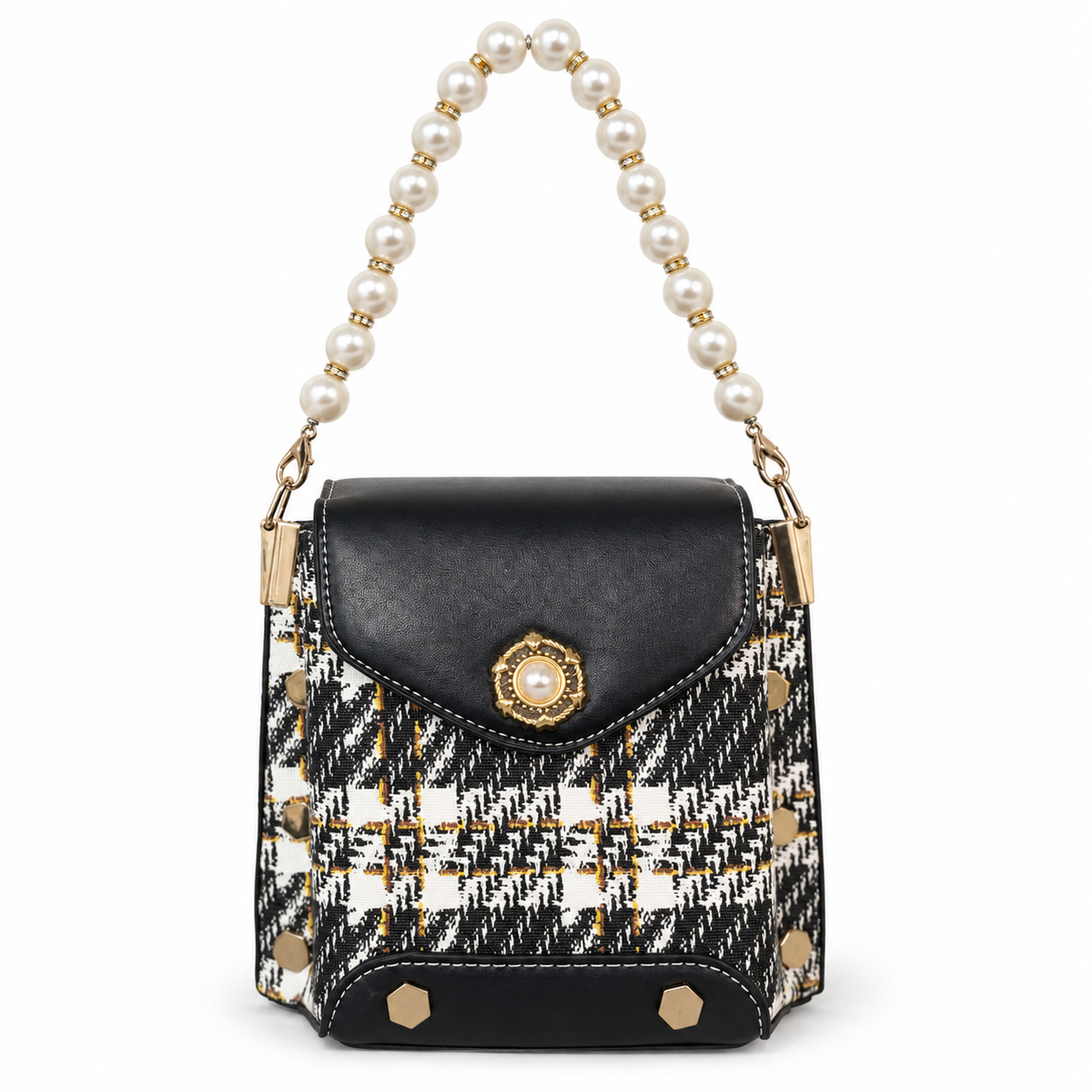 Black White Plaid Pearl Handle Mini Purse on a clean white studio background