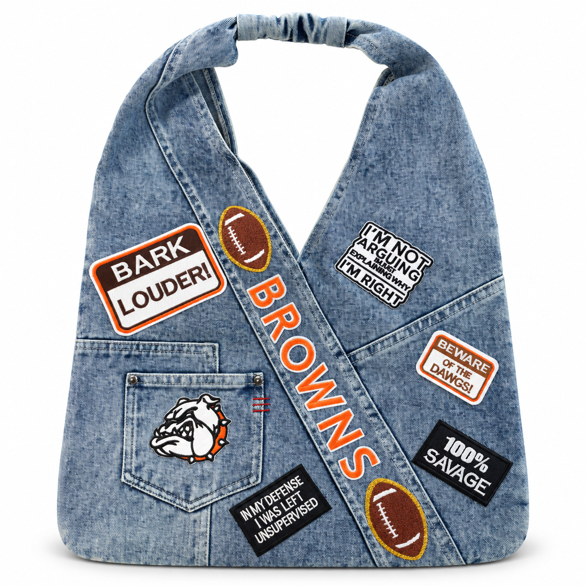 Cleveland Browns Patch Denim Sling Bag on a clean white studio background