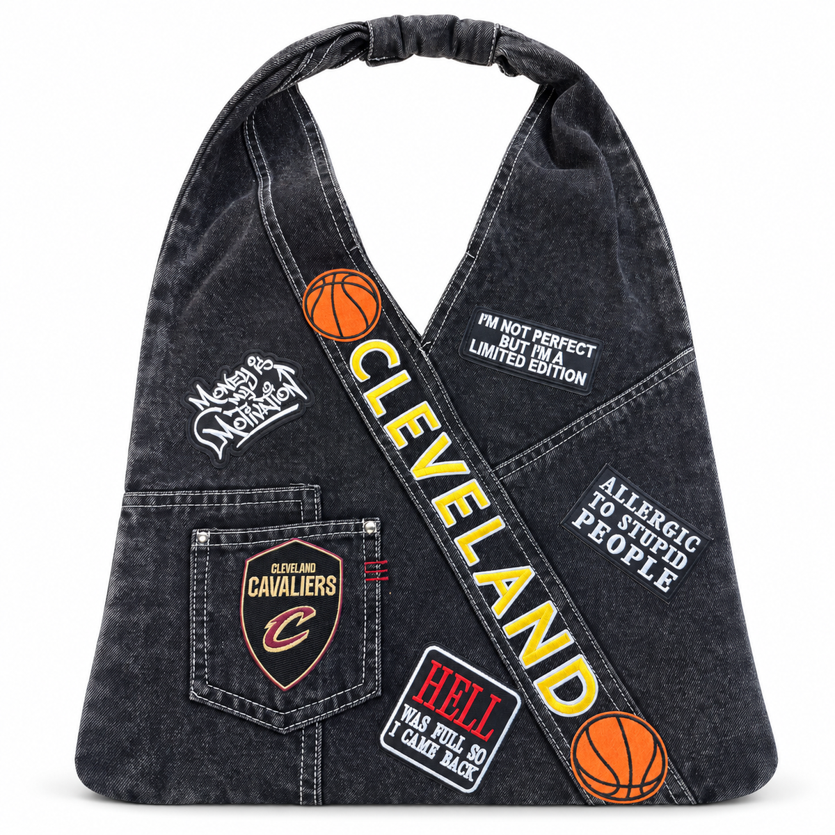 Cleveland Patch Denim Sling Bag on a clean white studio background