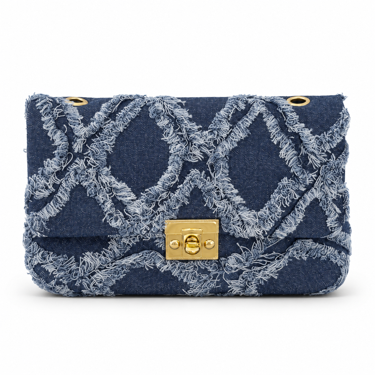 Indigo denim flap handbag with distressed diamond quilting and gold-tone turn-lock