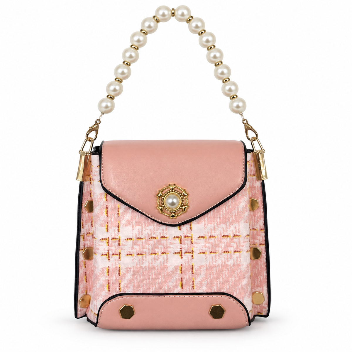 Pink Plaid Pearl Handle Mini Purse on a clean white studio background
