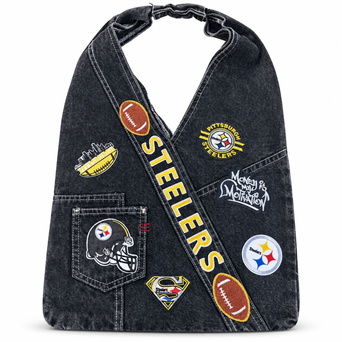 Pittsburgh Steelers Patch Denim Sling Bag on a clean white studio background