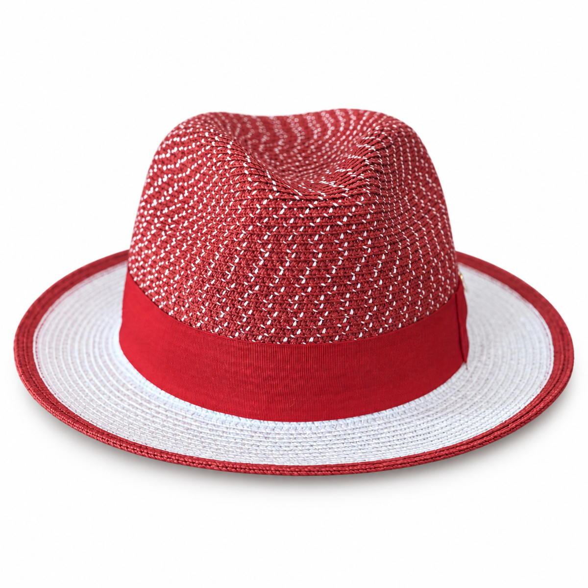 Red White Woven Fedora Hat on a clean white studio background