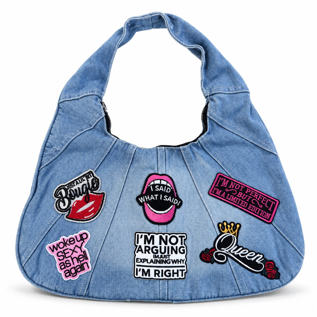 Statement Patch Denim Handbag on a clean white studio background