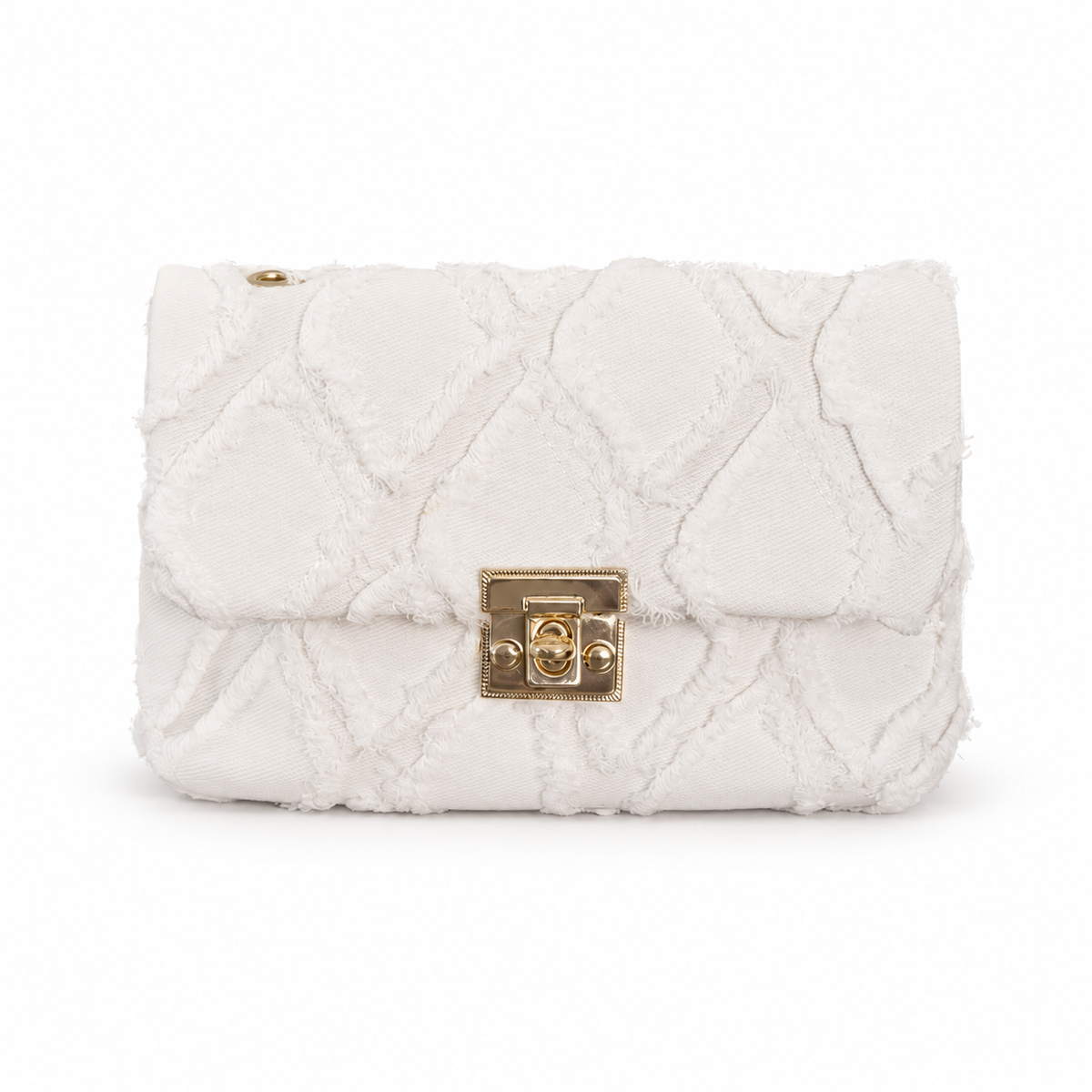 Winter white quilted flap handbag with frayed fabric texture and gold turn-lock closure