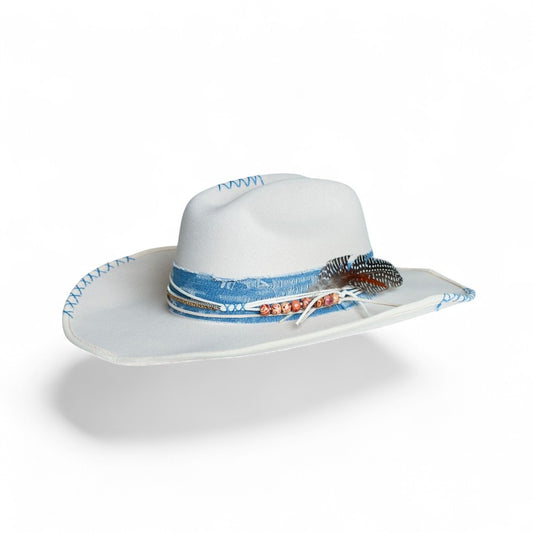 White Denim Trim Feather Hat