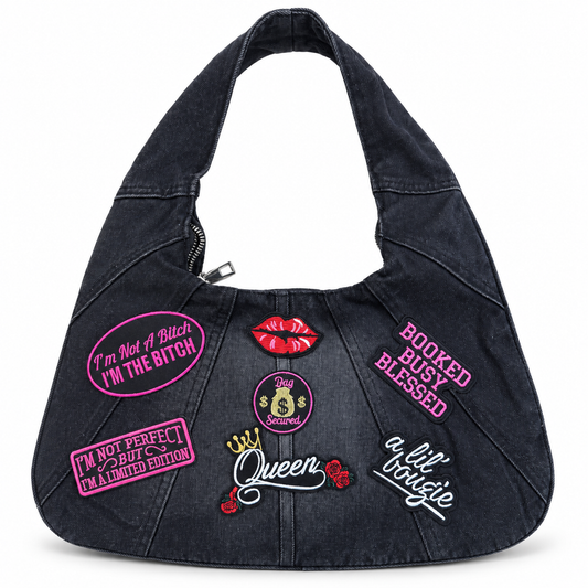 Affirmation Patch Denim Handbag on a clean white studio background