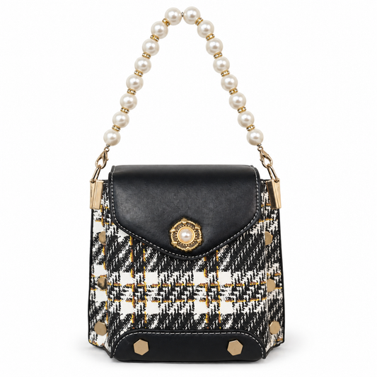 Black White Plaid Pearl Handle Mini Purse on a clean white studio background