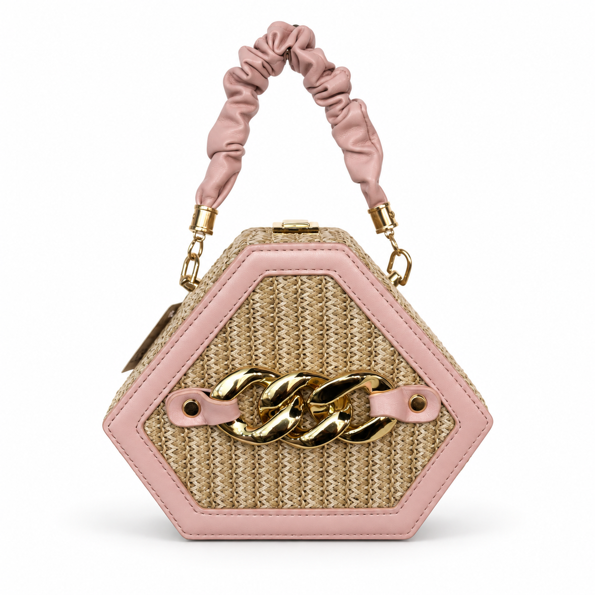 Blush Geometric Rattan Purse on a clean white studio background