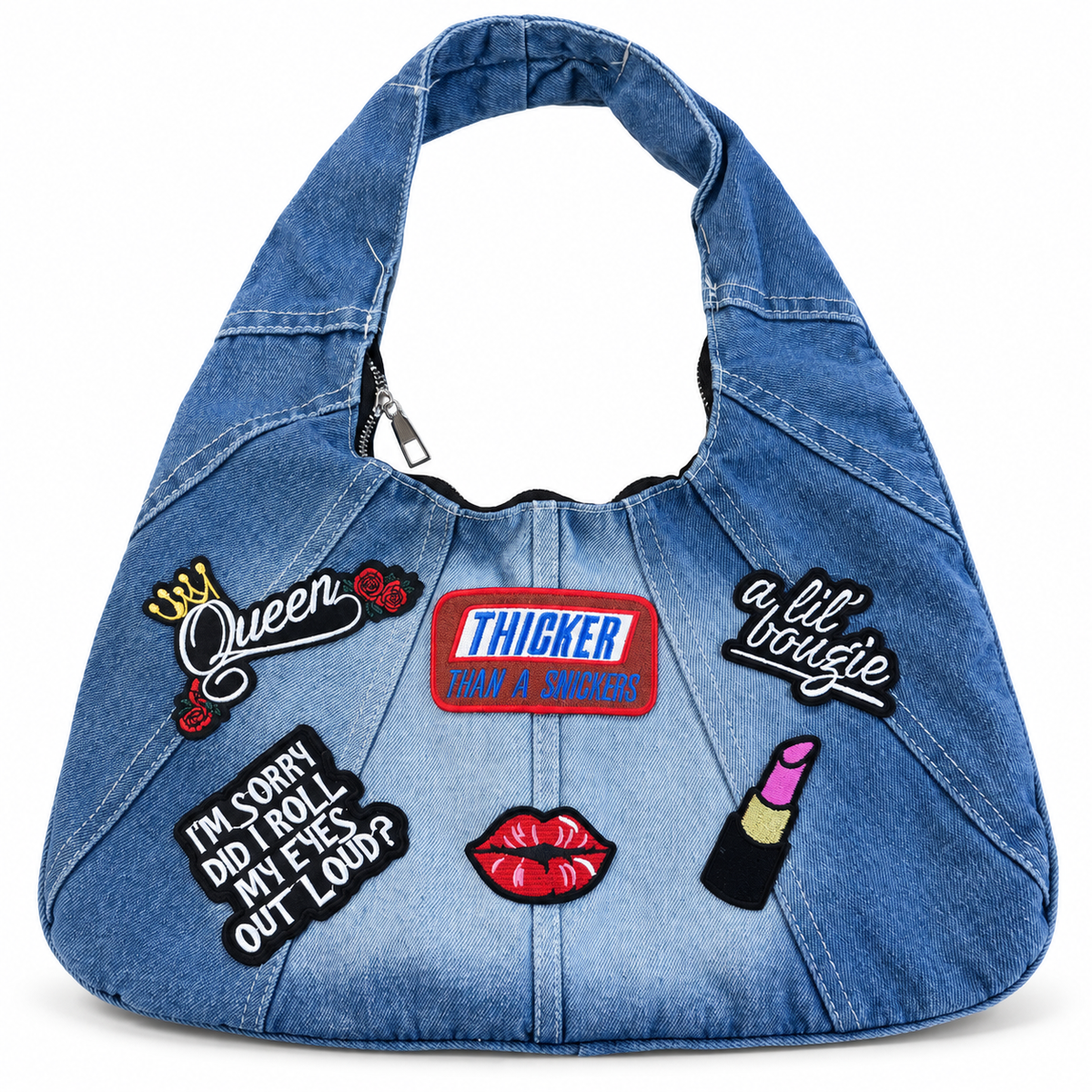 Cavaliers Pretty Girl Patch Denim Handbag on a clean white studio background