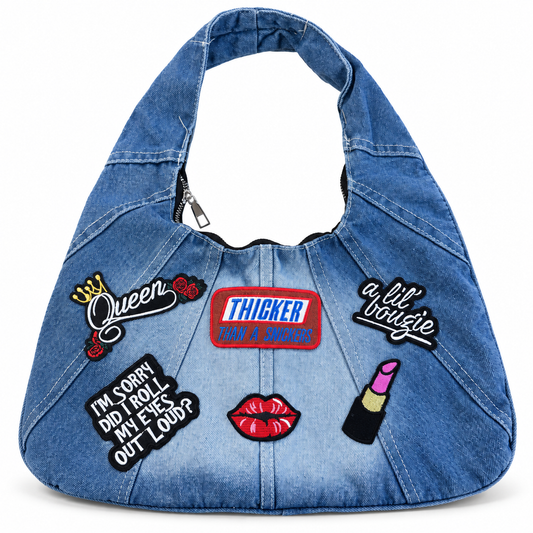 Cavaliers Pretty Girl Patch Denim Handbag on a clean white studio background