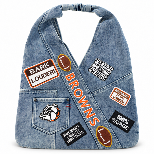 Cleveland Browns Patch Denim Sling Bag on a clean white studio background