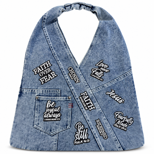 Faith Patch Denim Sling Bag on a clean white studio background