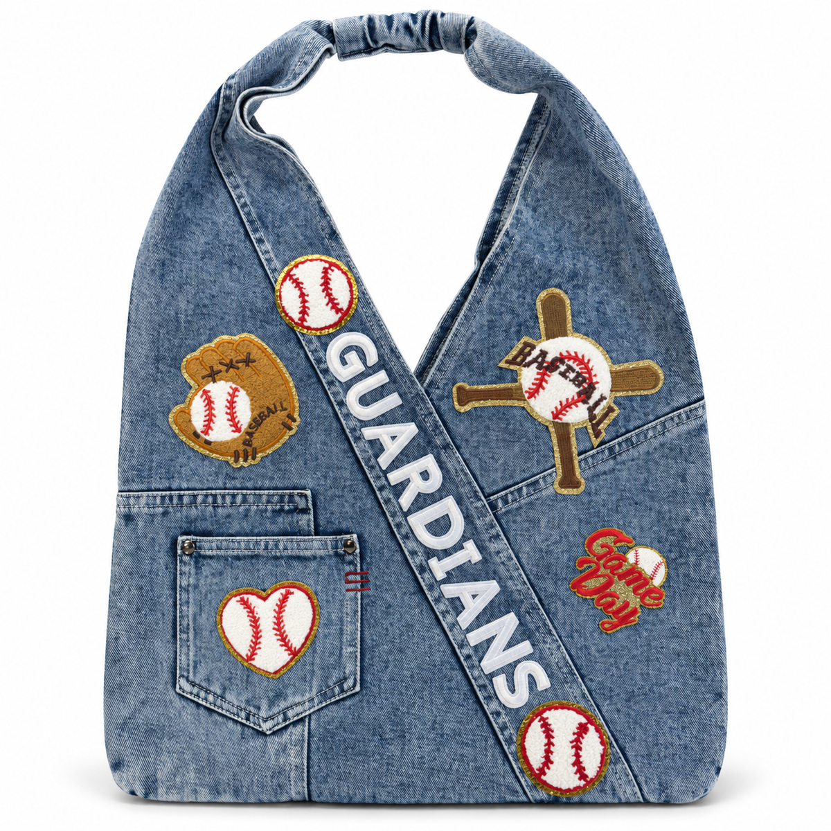 Cleveland Guardians Patch Denim Sling Bag on a clean white studio background