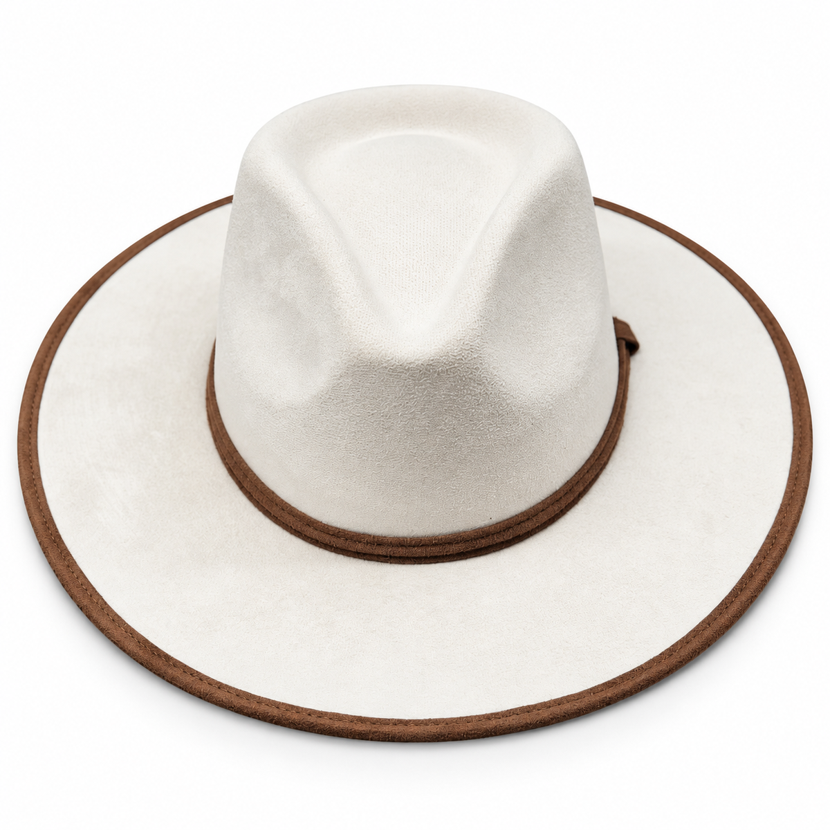 Ivory Brown Trim Wide Brim Fedora Hat on a clean white studio background