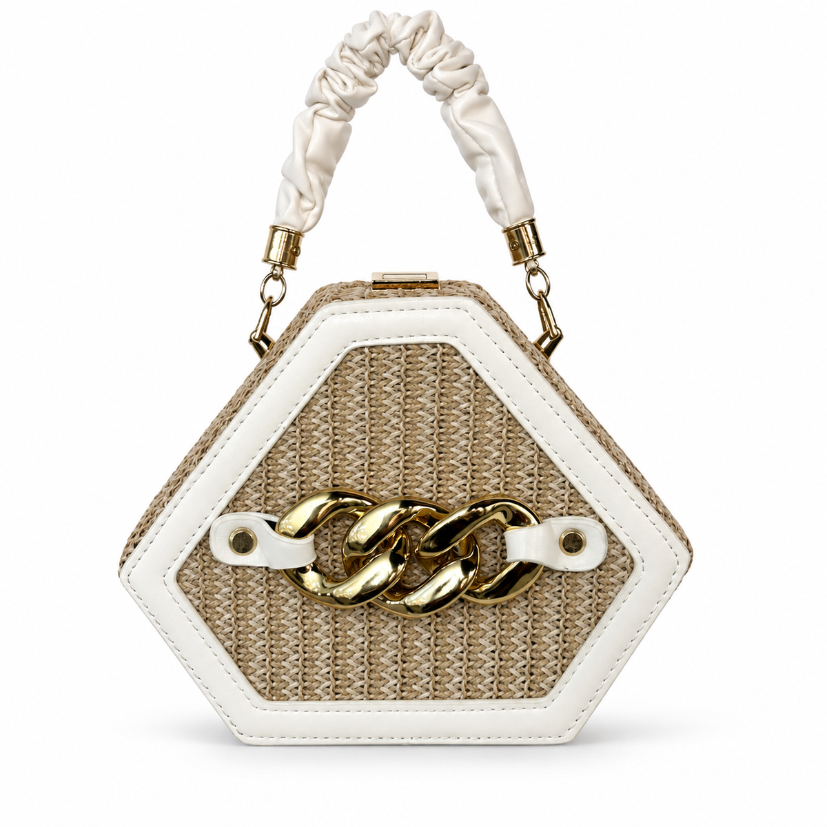 Ivory Geometric Rattan Purse on a clean white studio background