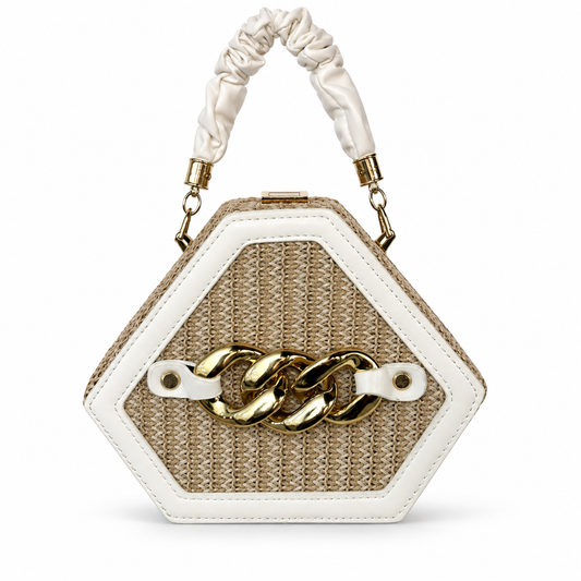 Ivory Geometric Rattan Purse on a clean white studio background