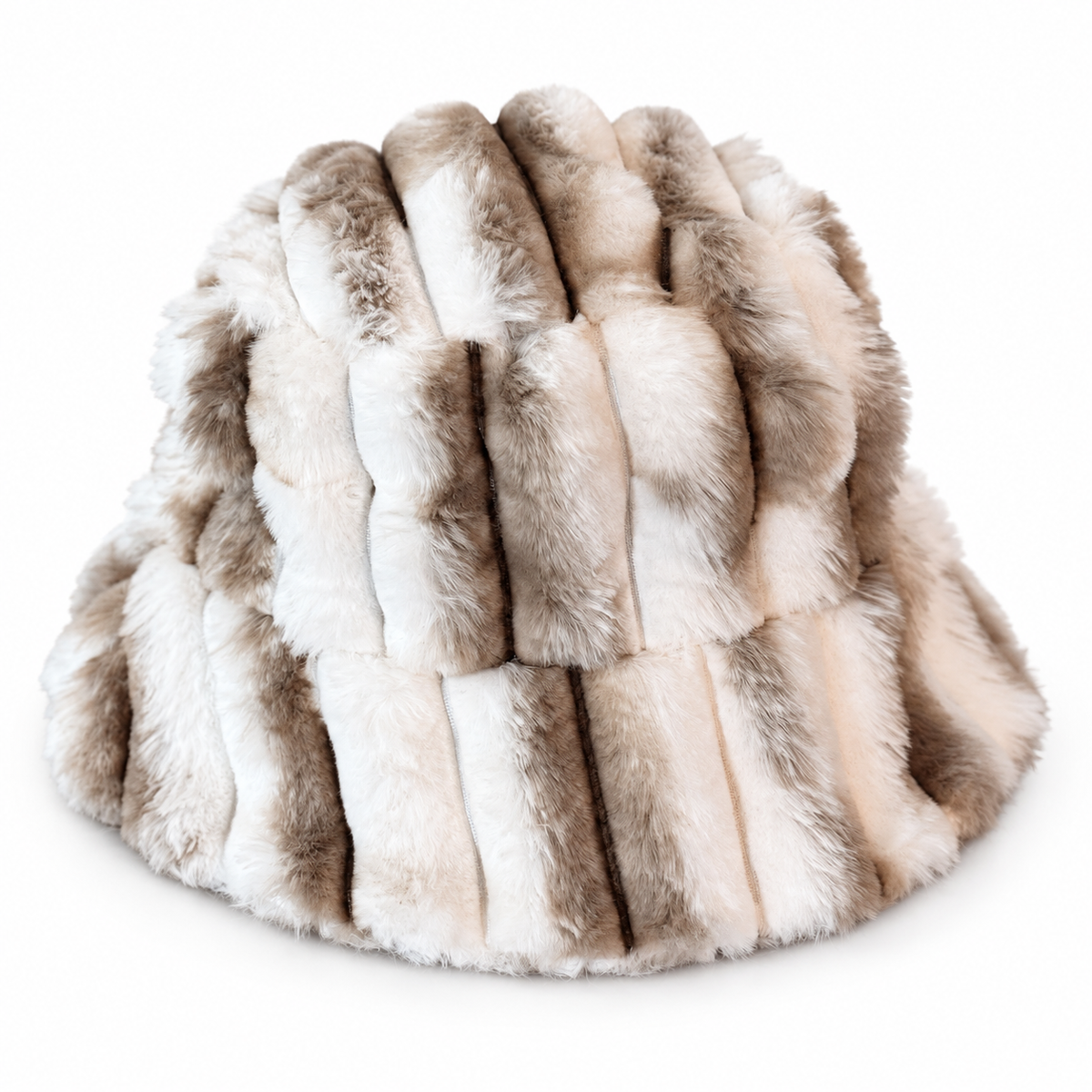 Ivory Taupe Striped Faux Fur Bucket Hat on a clean white studio background