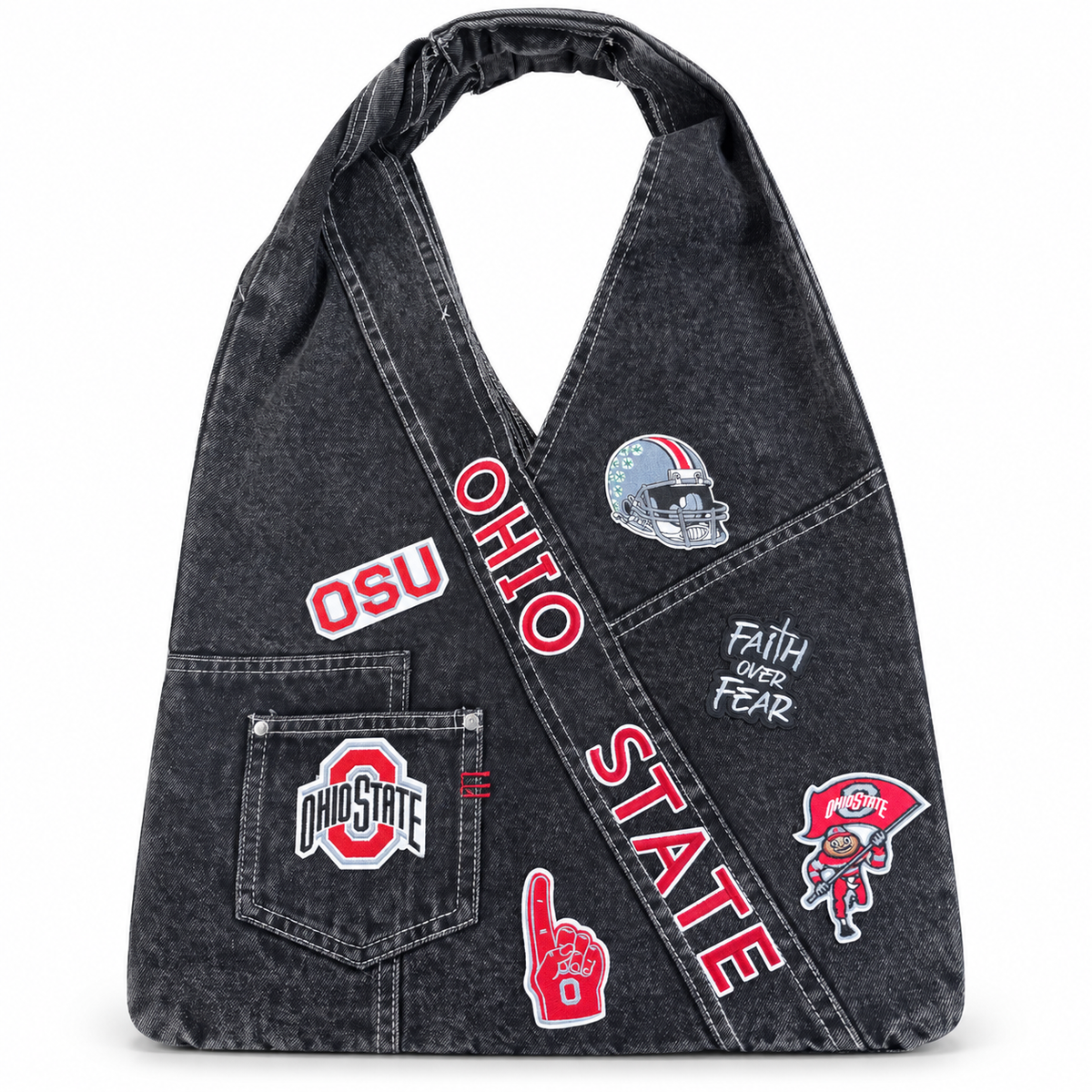 Ohio State Patch Denim Sling Bag on a clean white studio background