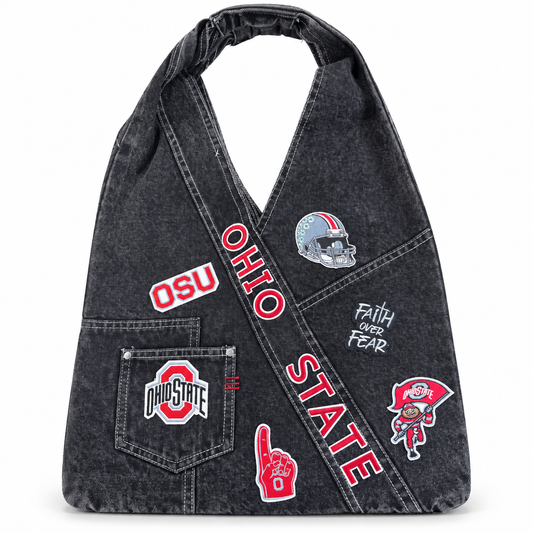 Ohio State Patch Denim Sling Bag on a clean white studio background