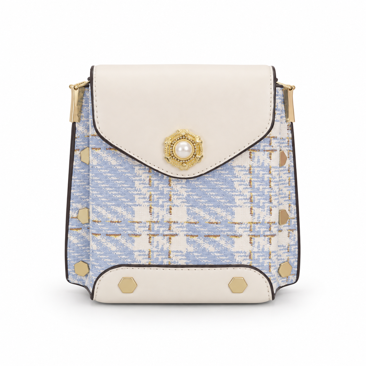 Periwinkle and cream structured handbag with pearl floral emblem and gold-tone hardware