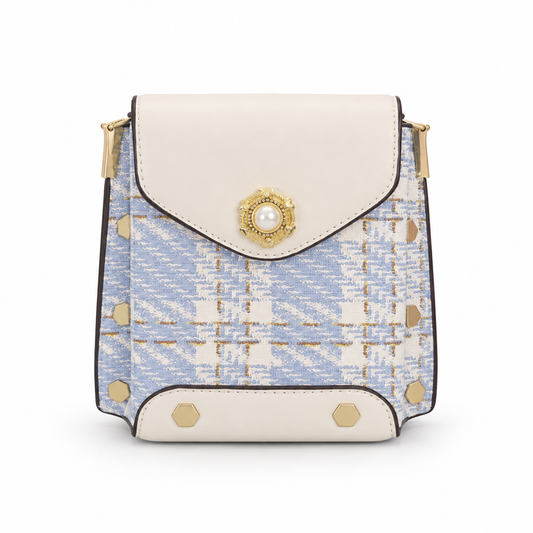 Periwinkle and cream structured handbag with pearl floral emblem and gold-tone hardware