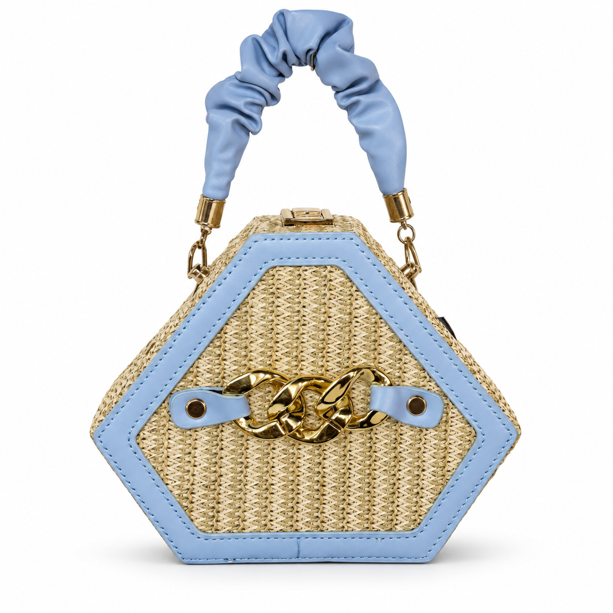 Periwinkle Geometric Rattan Purse on a clean white studio background