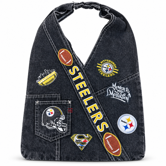 Pittsburgh Steelers Patch Denim Sling Bag on a clean white studio background