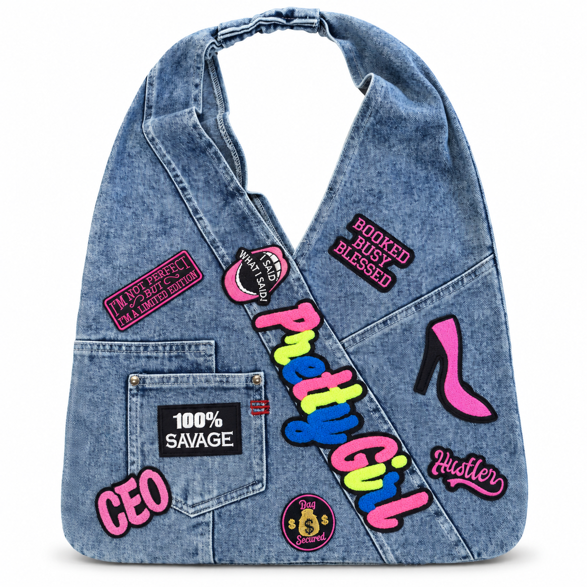 Pretty Girl CEO Patch Denim Sling Bag on a clean white studio background