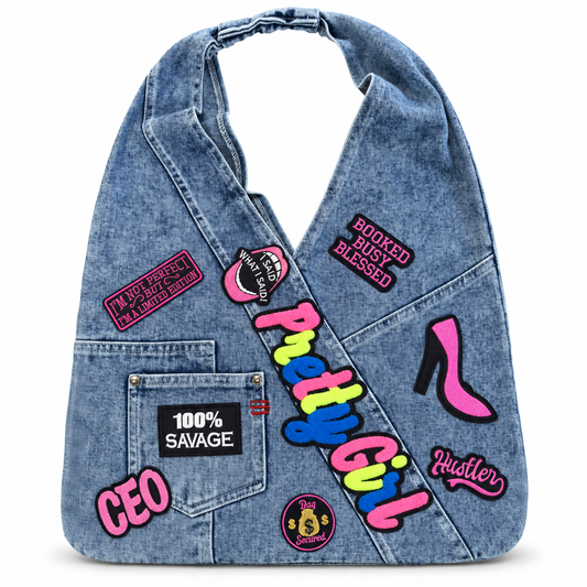 Pretty Girl CEO Patch Denim Sling Bag on a clean white studio background