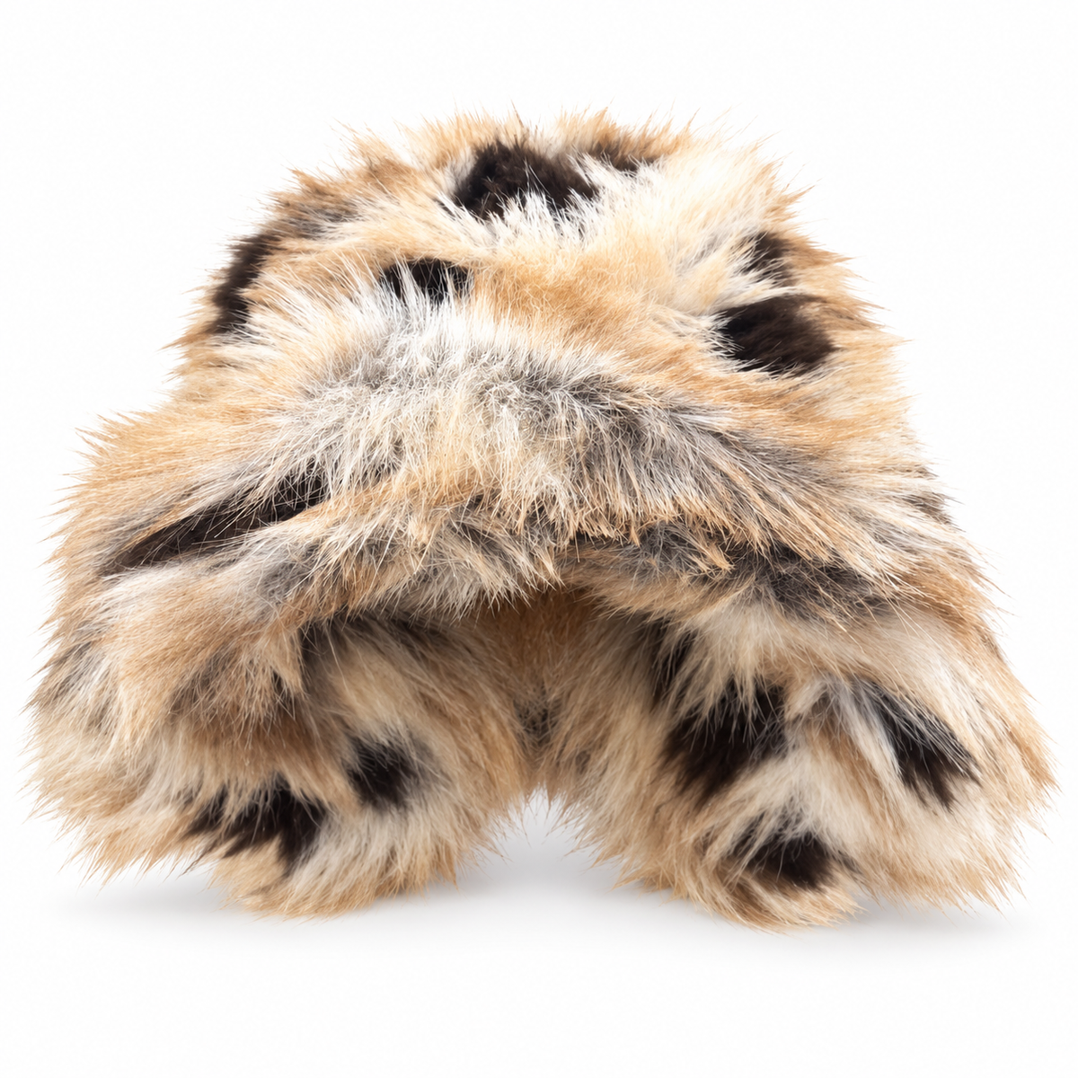 Snow Leopard Faux Fur Hood Hat on a clean white studio background