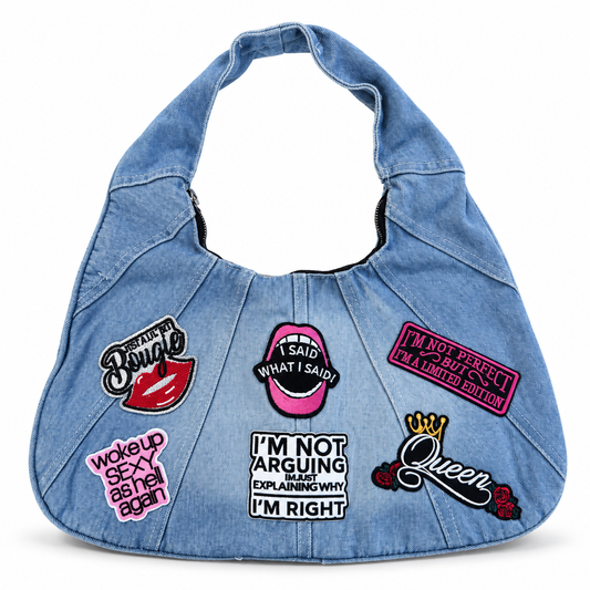 Statement Patch Denim Handbag on a clean white studio background