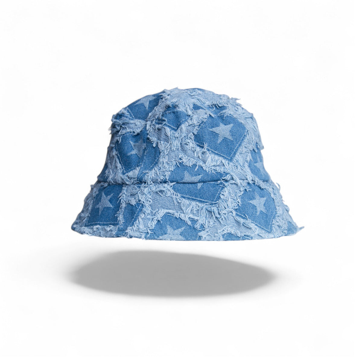 Star Patch Light Wash Raw Edge Denim Bucket Hat