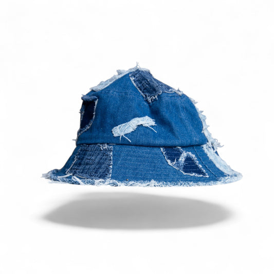 Two Tone Patchwork Raw Edge Denim Bucket Hat